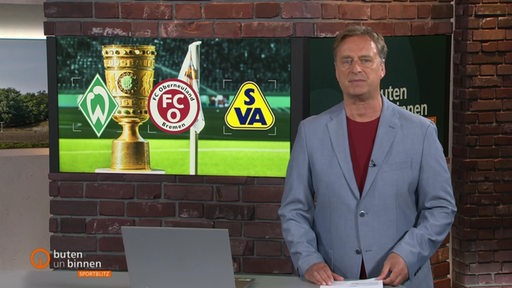 Stephan Schiffner im Sportblitz Studio am moderieren über den DFB-Pokal. 