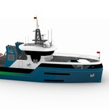 Eine Visualisierung zeigt ein blaues Schiff mit Kran vor einem weißen Hintergrund.