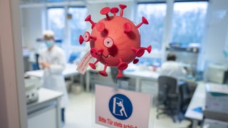Eine Figur in Optik eines Virus hängt an der Tür vom PCR-Labor im Niedersächsischen Landesgesundheitsamt