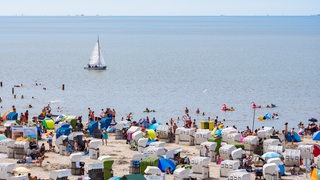 Menschen und Strandkörbe stehen an einem Strand.