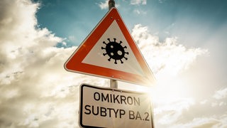 Auf einem Verkehrsschild steht die Aufschrift: "Omikron Subtyp BA.2".
