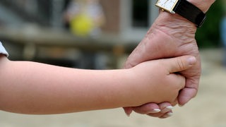 Die Hand eines Kindes hält die Hand eines Erwachsenen