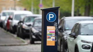 Autos stehen an einem Straßenrand, daneben ein Parkautomat.