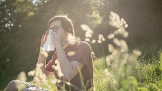Ein Mann niest in einem Park in ein Taschentuch