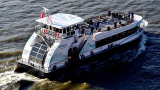 Hamburg: Eine Hafenfv§hre der HADAG ist auf der Elbe im Hamburger Hafen unterwegs. 