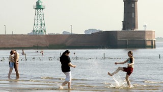 Zwei junge Frauen und ein Pärchen stehen im Wasser vor einer Kaimauer.