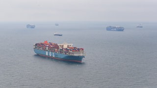 Mehrere Containerschiffe liegen auf offenem Meer.