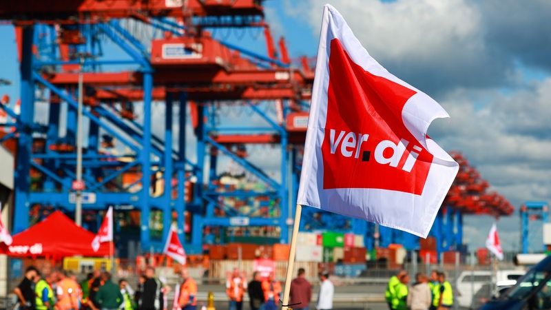 Beschäftigte mit Verdi-Flaggen protestieren im Hafen