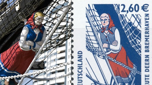 Eine Gallionsfigur der Seute Deern und eine Briefmarke, auf dem die Gallionsfogur als Illustration zu sehen ist (Montage)