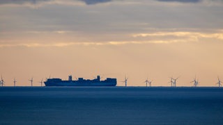Ein Containerschiff fährt entlang eines Windparks auf dem Meer.