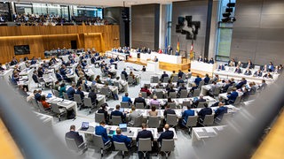 Abgeordnete nehmen im Plenarsaal an einer Sitzung des niedersächsischen Landtags teil.