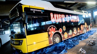 Die Aufschrift „Luft & Liebe“ klebt auf einem neuen Wasserstoffbus der Verkehrsgesellschaft Bremerhaven AG, der zuvor im Rahmen eines Pressetermins vorgestellt wurde.