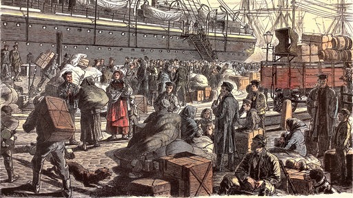 Ein kolorierter Holzstich zeigt Menschen mit Kisten vor einem Schiff.