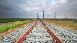 Eine Bahnstrecke in den Niederlanden mit Windrädern im Hintergrund