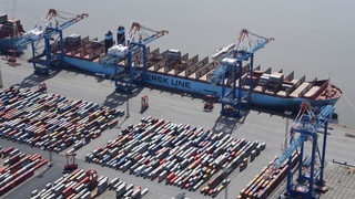 Eine Luftaufnahme zeigt ein Containerschiff in einer Hafenanlage.