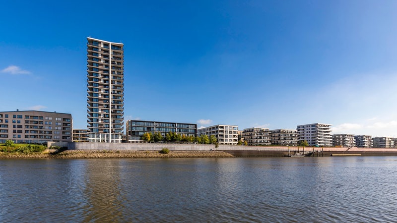 Blick von der Weser auf Häuser in der Überseestadt