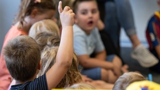Ein Kind meldet sich im Unterricht. Im Hintergrund sind noch mehr Kinder zu sehen