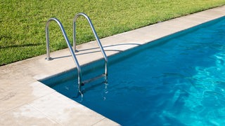 Eine Leiter führt in einem Garten in einen Swimmingpool