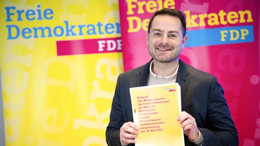 Thore Schäck, Spitzenkandidat der FDP Bremen, hält den Entwurf des Wahlprogramms der FDP Bremen in den Händen