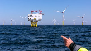 Ein Offshore-Windpark und eine Konverterstation, auf die im Vordergrund eine Hand zeigt.