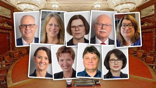 Der Bremer Senatssaal und die neun neuen Senatoren als Bildmontage davor.