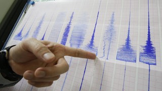 Ein Mann zeigt auf einen Seismographen.