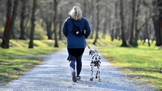 Eine junge Frau geht mit einem Hund im Park spazieren. (Archivfoto)