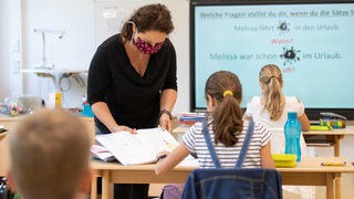 Eine Lehrerin unterrichtet Schüler einer Grundschule in einem Klassenraum. 