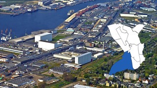Der Stadtteil Fischereihafen in Bremerhaven aus der Luft mit Stadtteilgrafik, in der der Fischereihafen hervorgehoben ist