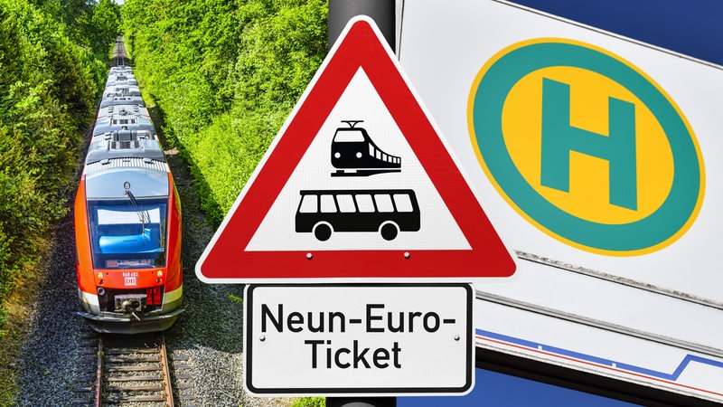Schild mit Aufschrift Neun-Euro-Ticket, Bushaltestelle und Regionalbahn