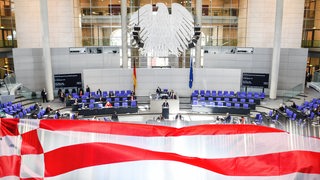 Bremer Speckflagge vor dem Plenarsaal des Deutschen Bundestages in Berlin (Montage)