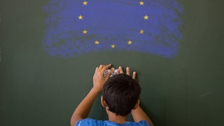 Ein Schüler steht vor einer Schultafel, auf dem eine Europa-Flagge gemalt wurde (Symbolbild)