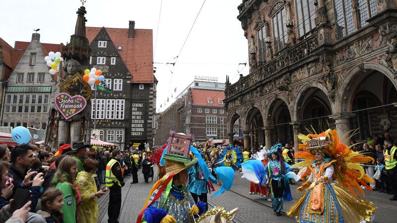 Teilnehmer des traditionellen Freimarktsumzug ziehen am 21.10.2017 verkleidet durch die Innenstadt von Bremen (Archivbild)
