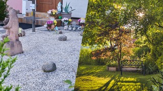 Ein Schottergarten vor einem Haus und ein grüner Garten (Montage)