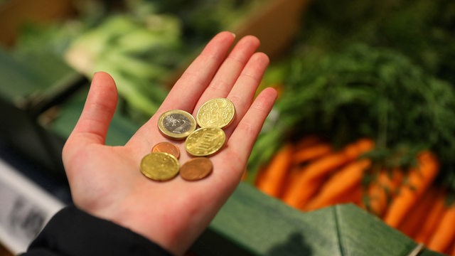 In einer Handfläche über einem Gemüsestand liegen verschiedene Euro-Münzen