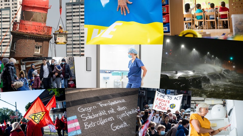 Jahresrückblick: Molenturm, Streiks, Klimaprotest, Angriffe auf Transmenschen, Ukraine, Energiekrise, Personalmangel und Sturmtief (Montage)