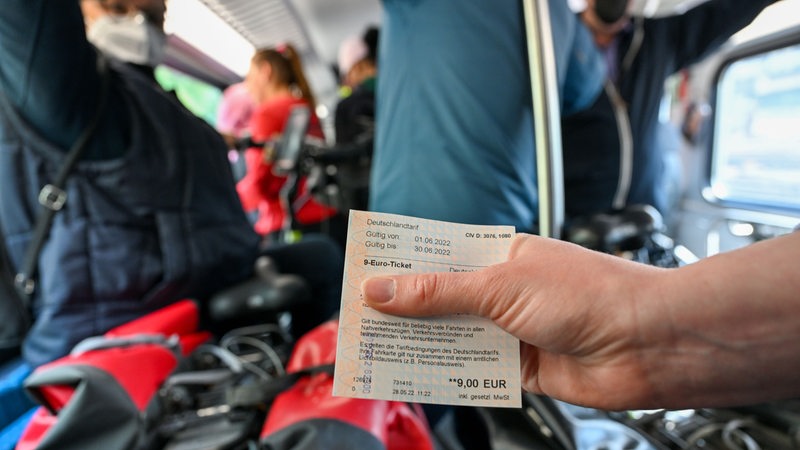 Eine Frau hält ein 9-Euro-Ticket in einem vollen Zug der Bahn (Archivbild)