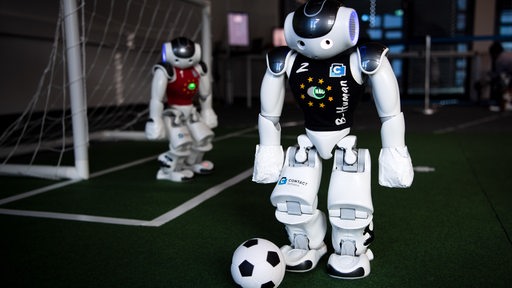 Roboter spielen im Deutschen Forschungszentrum für Künstliche Intelligenz in Bremen (DFKI) gegeneinander Fußball. 