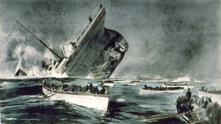 Ein zeitgenössisches Aquarell zeigt den Untergang des Schnelldampfes Titanic mit den Rettungsbooten
