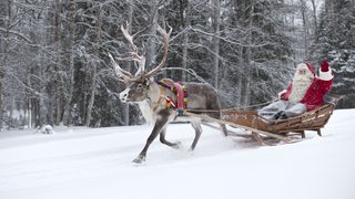 Ein Weihnachtsmann fährt mit einem Schlitten und Rentier durch den Schnee und winkt