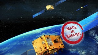 Eine Grafik des europäischen Navigationssatellitensystems "Galileo", darüber ein Stempel mit dem Schriftzug "Made in Bremen".