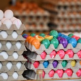 Eier liegen in Kartons bereit. Einge davon sind bunt angemalt.