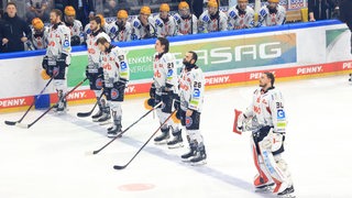 Eishockey-Spieler der Fischtown Pinguins stehen vor dem Finalspiel nebeneinander aufgereiht auf dem Eis und wirken angespannt.
