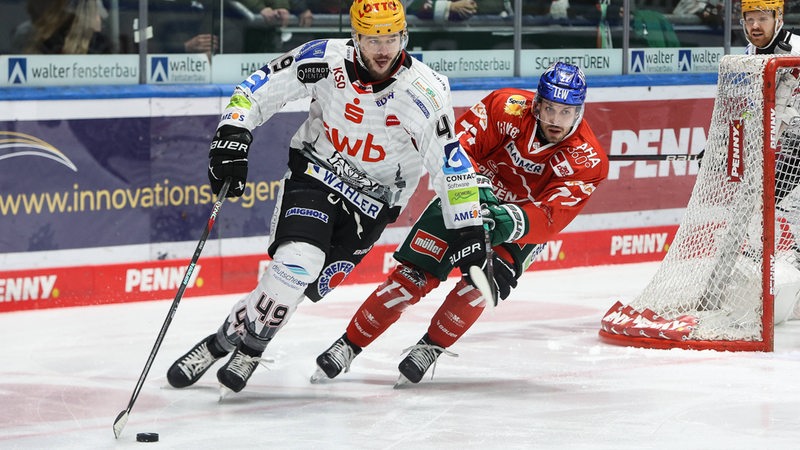 Eishockey-Spieler Lukas Kälble von den Fischtown Pinguins im Zweikampf mit Augsburgs Luca Tosco.