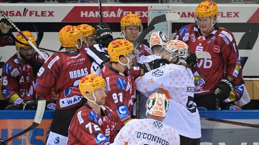 Mehrere Spieler der Fischtown Pinguins und Grizzlys Wolfsburg gehen nahe der Bande aufeinander los.