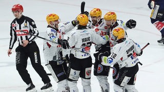 Die Spieler der Fischtown Pinguins bejubeln einen Treffer.