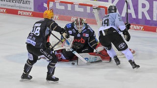 Eishockey-Spieler Frederik Storm von den Kölner Haien läuft auf Fischtown-Torwart Kristers Gudlevskis zu.