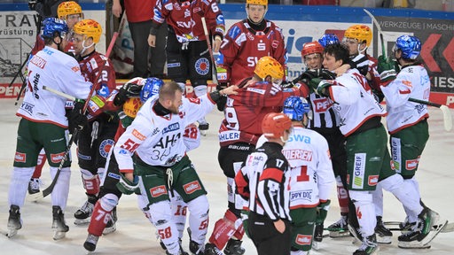 Eishockey-Spieler der Fischtown Pinguins und der Augsburg Panther liefern sich auf dem Eis eine wüste Prügelei.