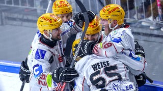 Eishockey-Spieler der Fischtown Pinguins bejubeln gemeinsam einen Treffer im Play-off-Spiel gegen Köln.