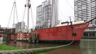 Das marode Museumsschiff Elbe 3 ist in einem Hafen vertäut